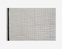 "Les blessures sont les reparations (un filet à regard)" - "Wounds are repairs (A trap for the gaze)", 2025 - Indian ink, graphite pencil on Tyvec paper, 4 pins - 152,5  x 13 x 2 cm