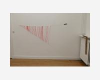 "Deux droites pour un chemin qui ne se veut pas le plus court (dessin à poignées)" - "Two straight lines for a path that is not meant to be the shortest (drawing with handles)", 2025 - cut-out drawing, colored marker, Indian ink on Tyvec paper, 3 pins - 165  x 230 x 2 cm